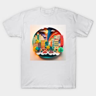 3D Effect Papercut Art - Cityscape Scene T-Shirt